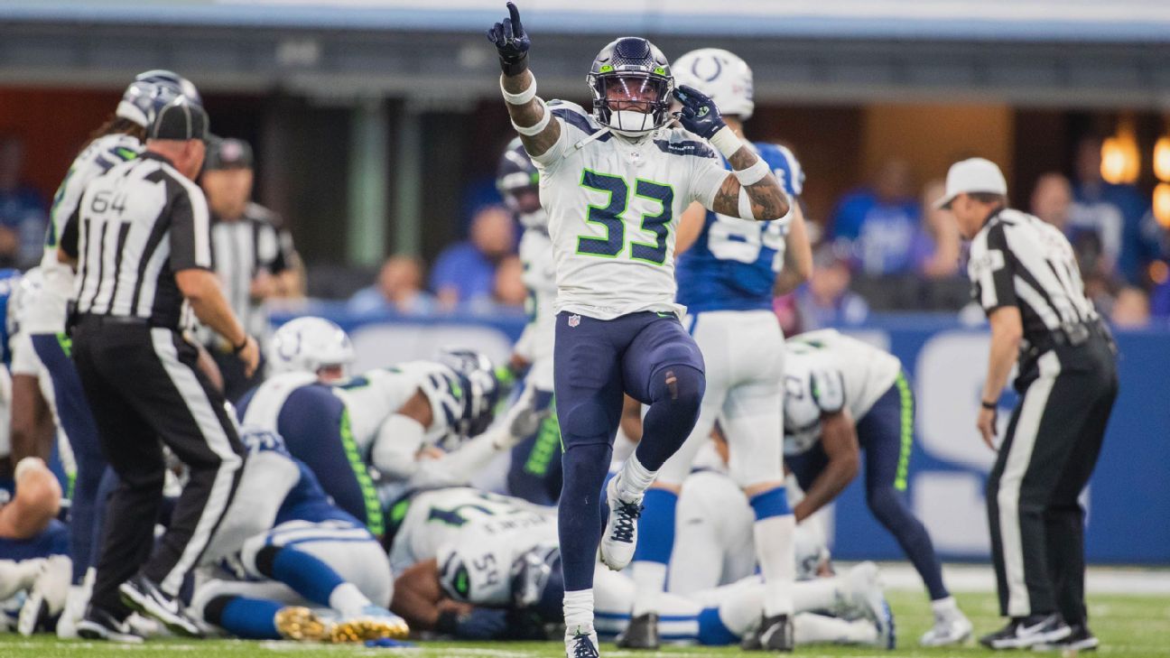 Seattle Seahawks strong safety Jamal Adams (33) lines up against the  Indianapolis Colts during an NFL football game in Indianapolis, Sunday,  Sept. 12, 2021. (Jeff Haynes/AP Images for Panini Stock Photo - Alamy