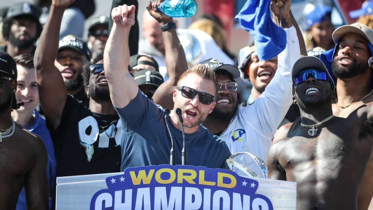 Inglewood, United States. 13th Feb, 2022. Sunday, February 13, 2022, 2022;  Inglewood, CA USA; Los Angeles Rams head coach Sean McVay looks up to see a  replay on the Jumbotron during Super