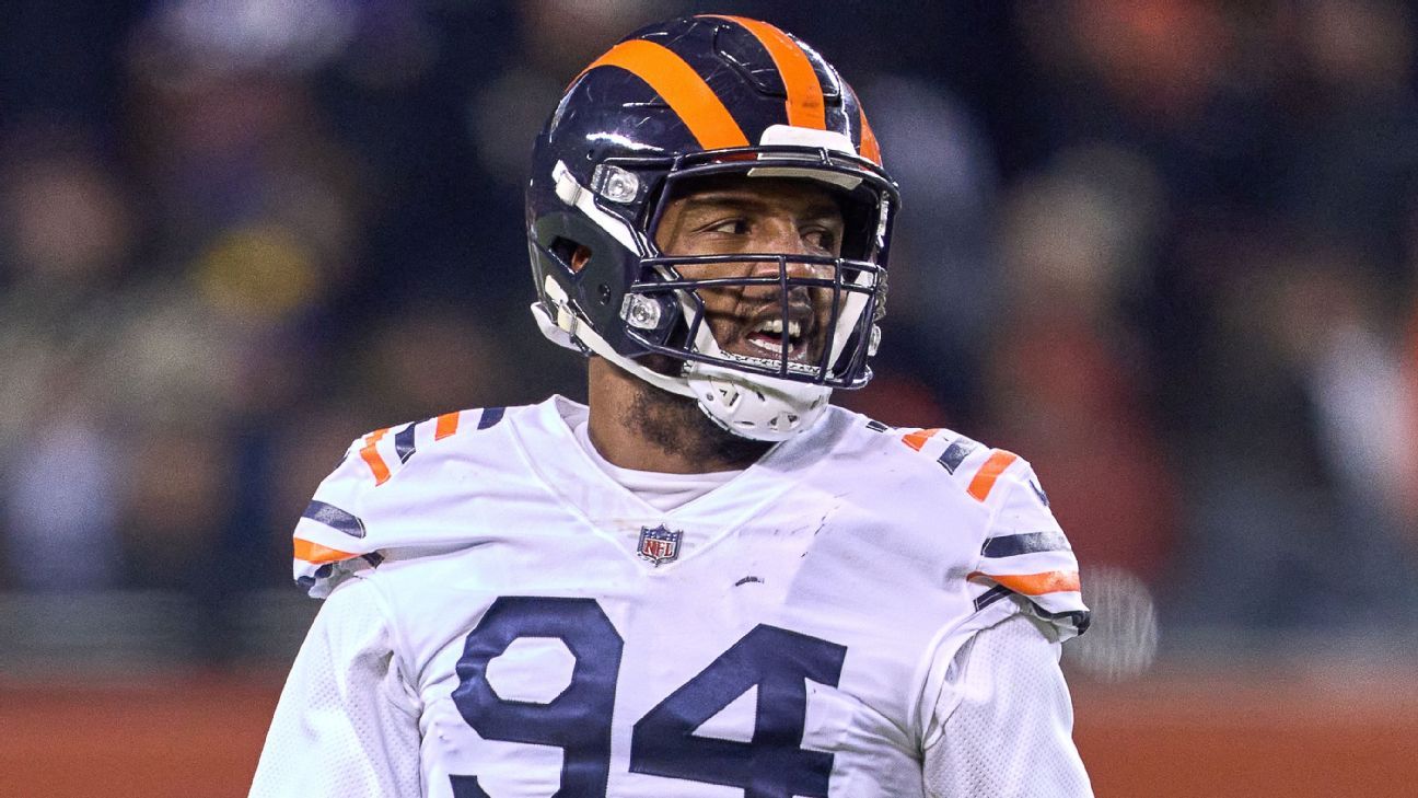 FILE - Chicago Bears defensive end Robert Quinn (94) rushes during the  first half of an NFL football game against the New England Patriots,  Monday, Oct. 24, 2022, in Foxborough, Mass. The