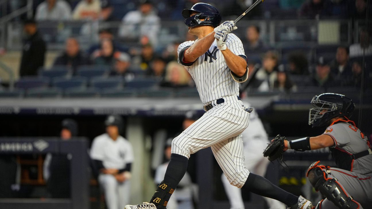 Giancarlo Stanton New York Yankees Unsigned Hits a Two-Run