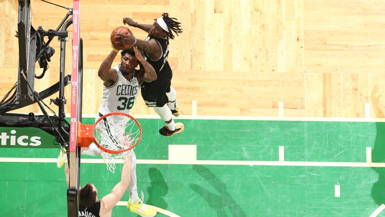 Jrue Holiday Milwaukee Bucks Unsigned 2022 Game Five Block Versus Celtics Photograph