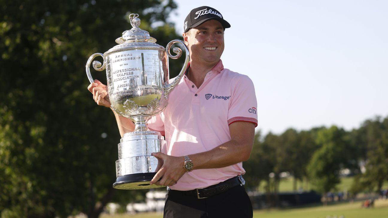 PGA Championship winner and former Alabama Crimson Tide golfer Justin Thomas tak..