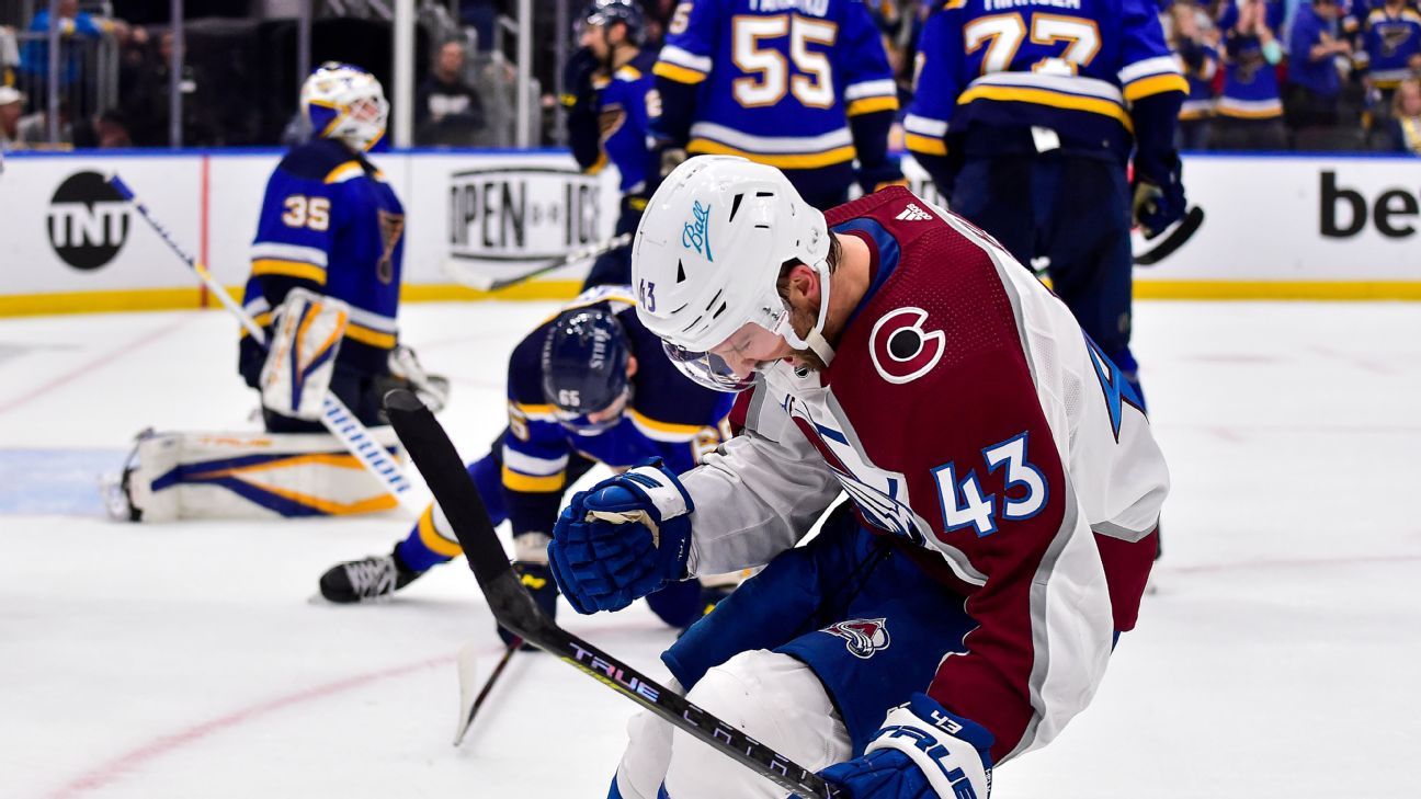 Helm’s late goal stuns Blues, lifts Avs to West final