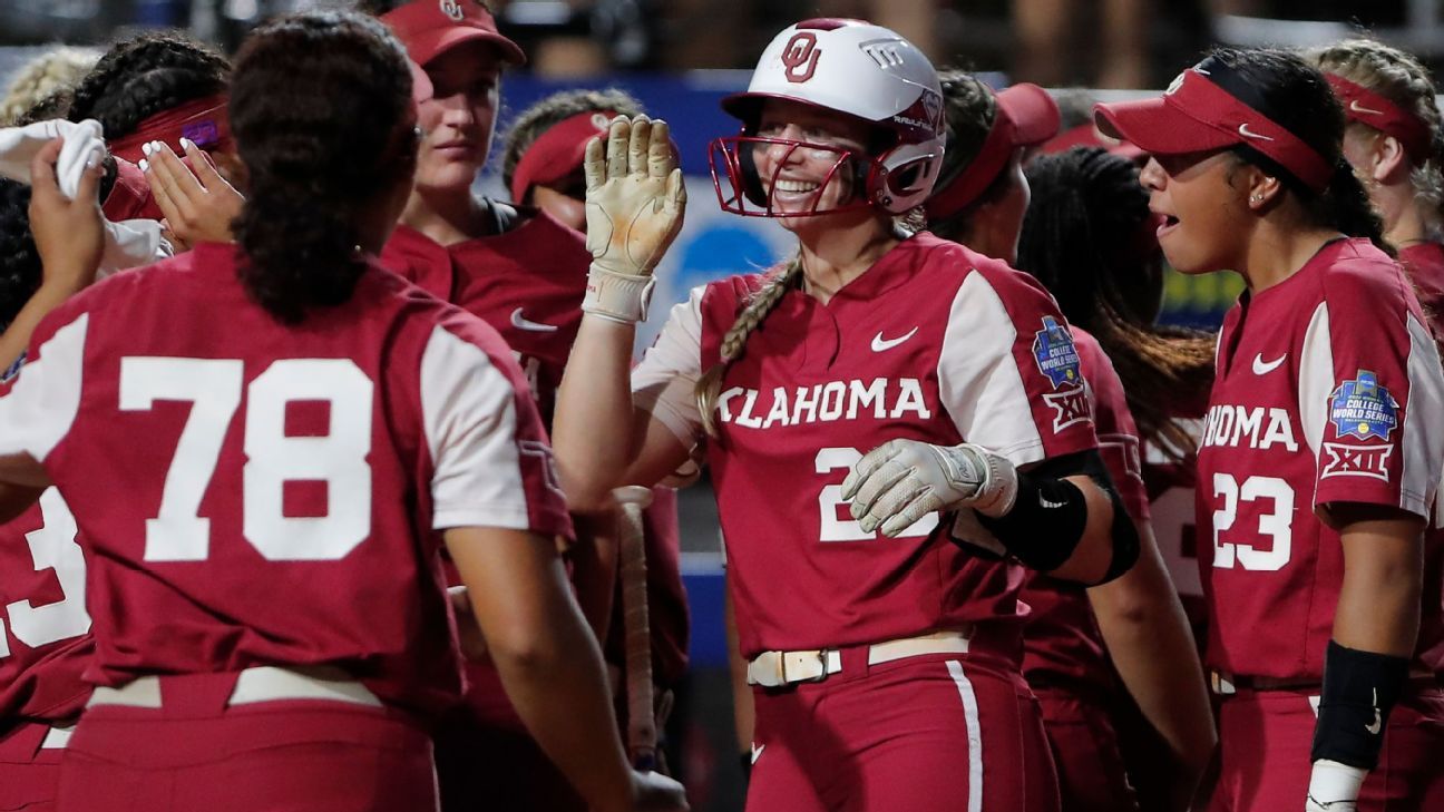 Top-seeded Oklahoma Sooners score 16 unanswered runs in Game 1 win over Texas Lo..