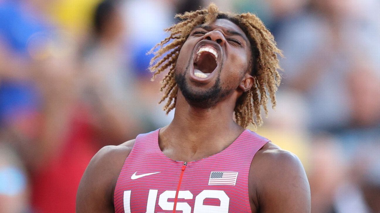 Sprinter Noah Lyles sets American record in 200 meters, wins world title in 19.3..