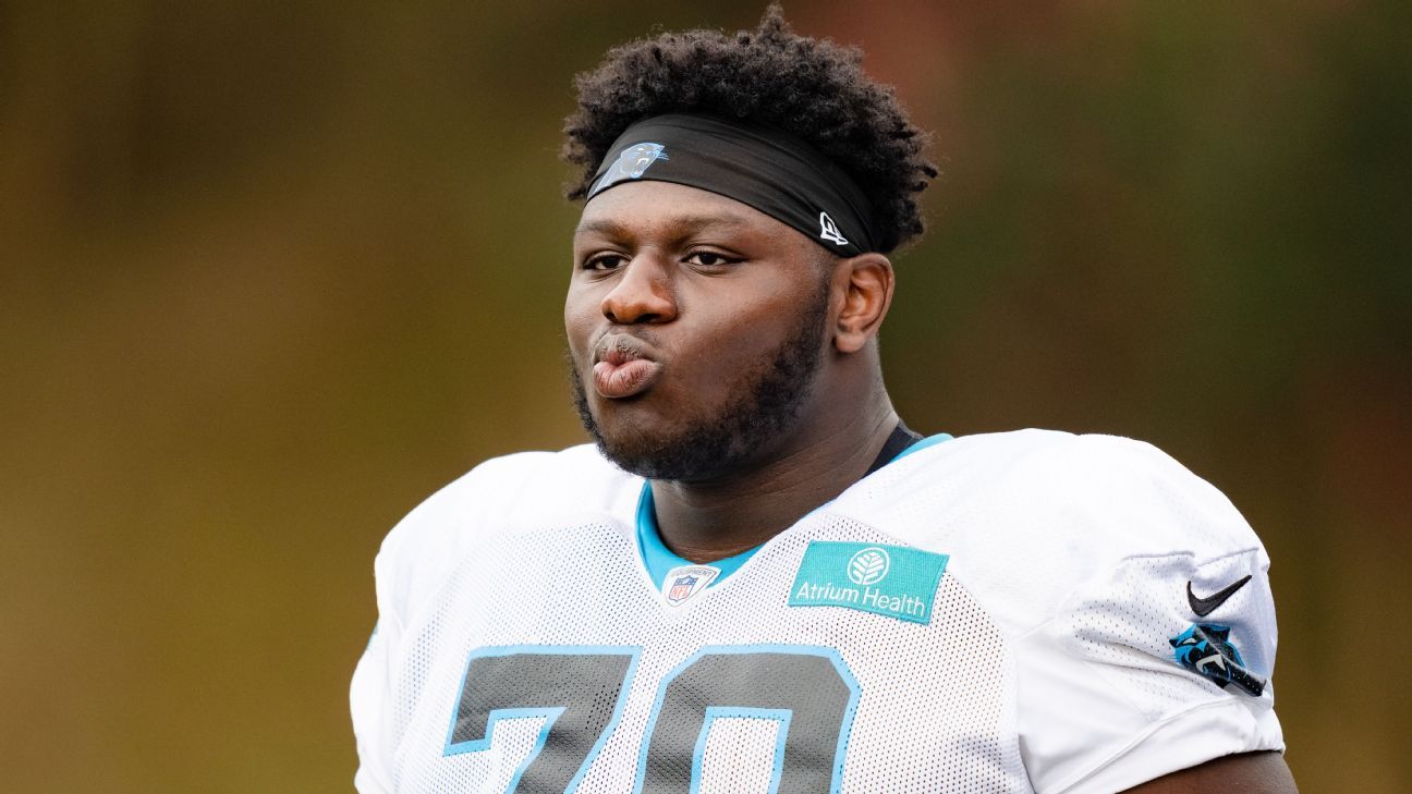 Panthers LT Ikem Ekwonu flattens Patriots defender in 1st start