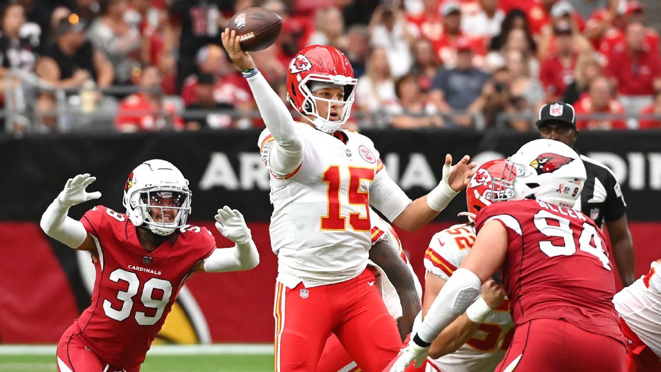 Kansas City Chiefs quarterback Patrick Mahomes (15) works out prior to an  NFL pre-season football game against the Washington Commanders Saturday,  Aug. 20, 2022, in Kansas City, Mo. (AP Photo/Peter Aiken Stock