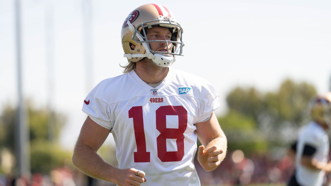 San Francisco 49ers long snapper Taybor Pepper (46) stands on the field  with punter Mitch Wishnowsky (18) before an NFL football game against the  Tampa Bay Buccaneers, Sunday, Dec.11, 2022, in Santa