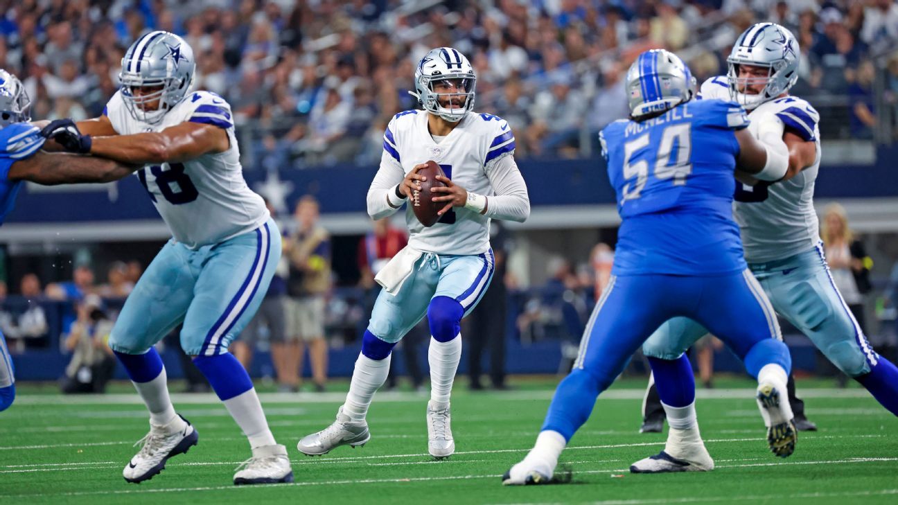 Dallas Cowboys quarterback Dak Prescott (4) in the huddle while on