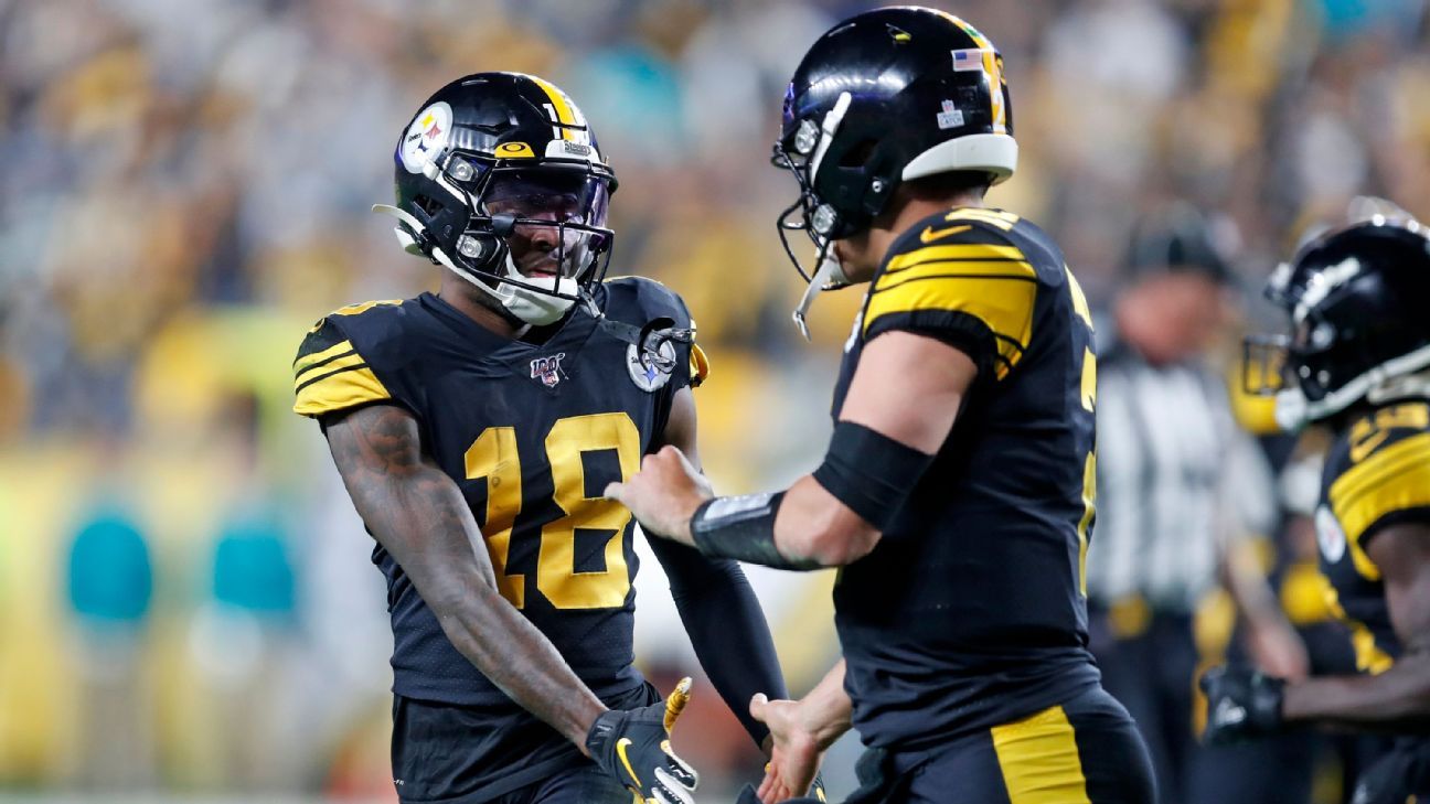 Diontae Johnson of the Pittsburgh Steelers lines up during the