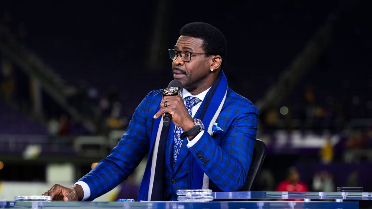 NFL Network analyst Michael Irvin speaks on air during the NFL Network's NFL  GameDay Kickoff broadcast before the start of an NFL football game between  the Baltimore Ravens and the Miami Dolphins