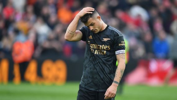 Arsenal's Granit Xhaka reacts with frustration drawing Liverpool, who came back from a two-goal deficit at Anfield on Sunday