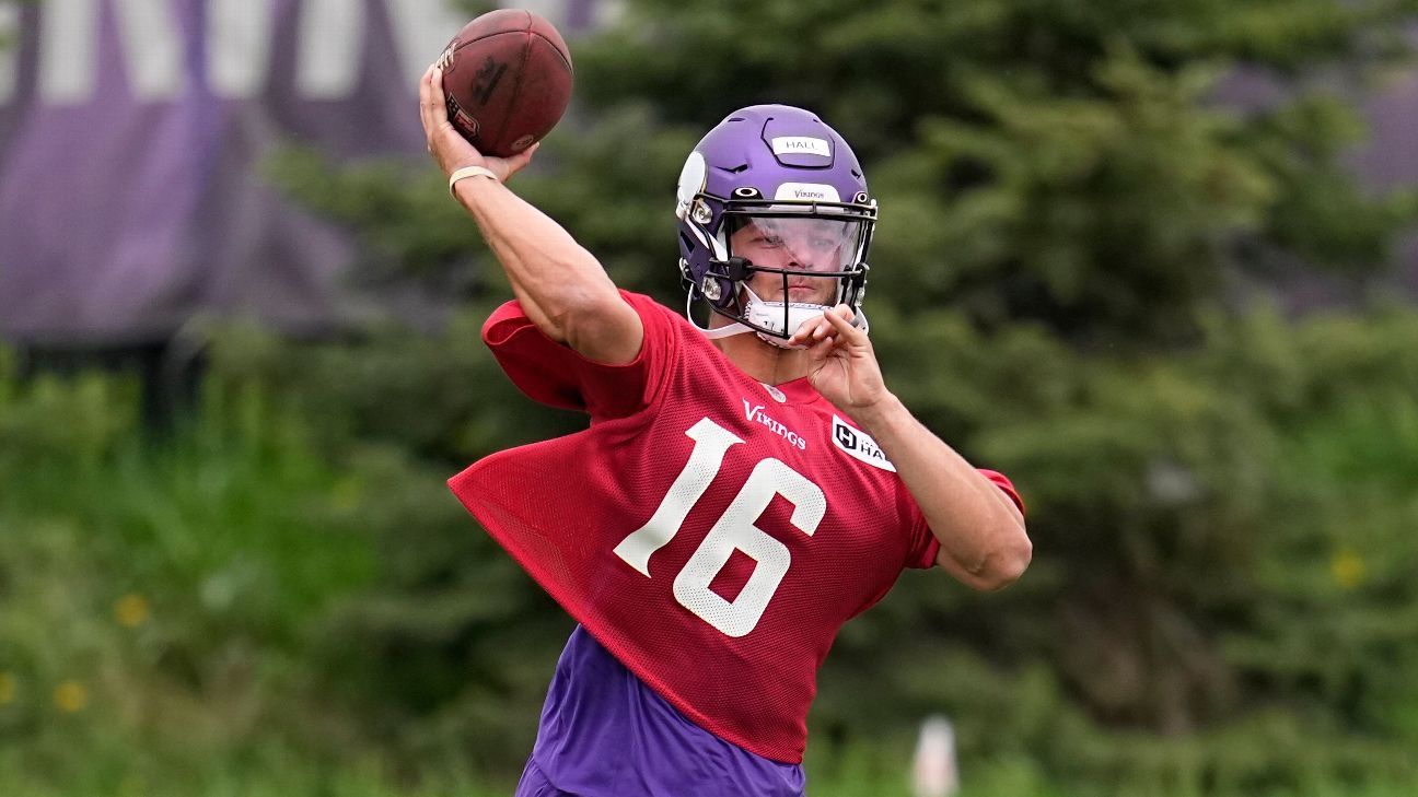 Minnesota Vikings quarterback Jaren Hall looks to throw against