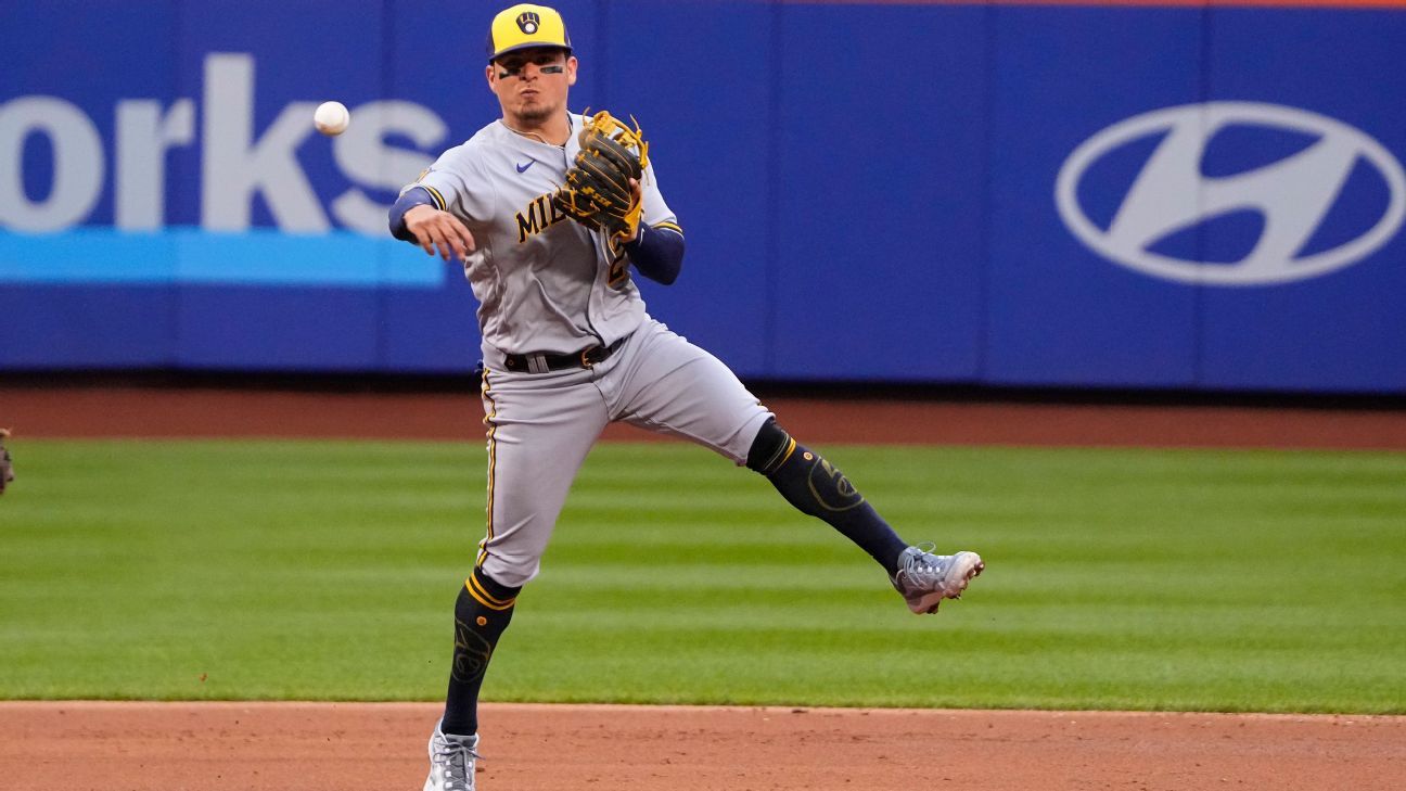 Luis Urias of the Milwaukee Brewers up to bat against the St