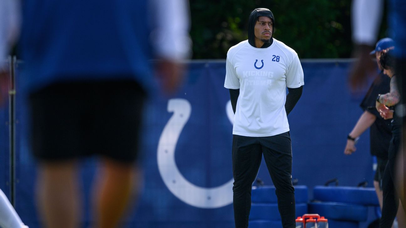 Indianapolis Colts linebacker Zaire Franklin speaks to the media as the  players reported to the NFL team's football training camp in Westfield,  Ind., Tuesday, July 27, 2021. Practice open on Wednesday. (AP