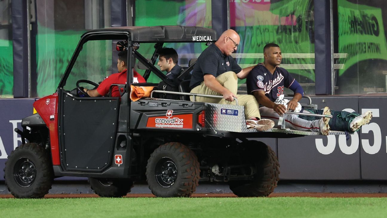 Nationals' Stone Garrett carted off field with injured leg