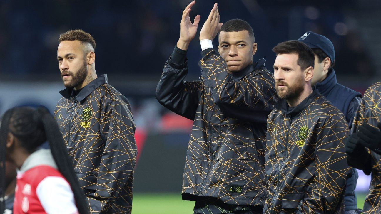 Lionel Messi, Kylian Mbappe and Neymar Junior model Paris Saint