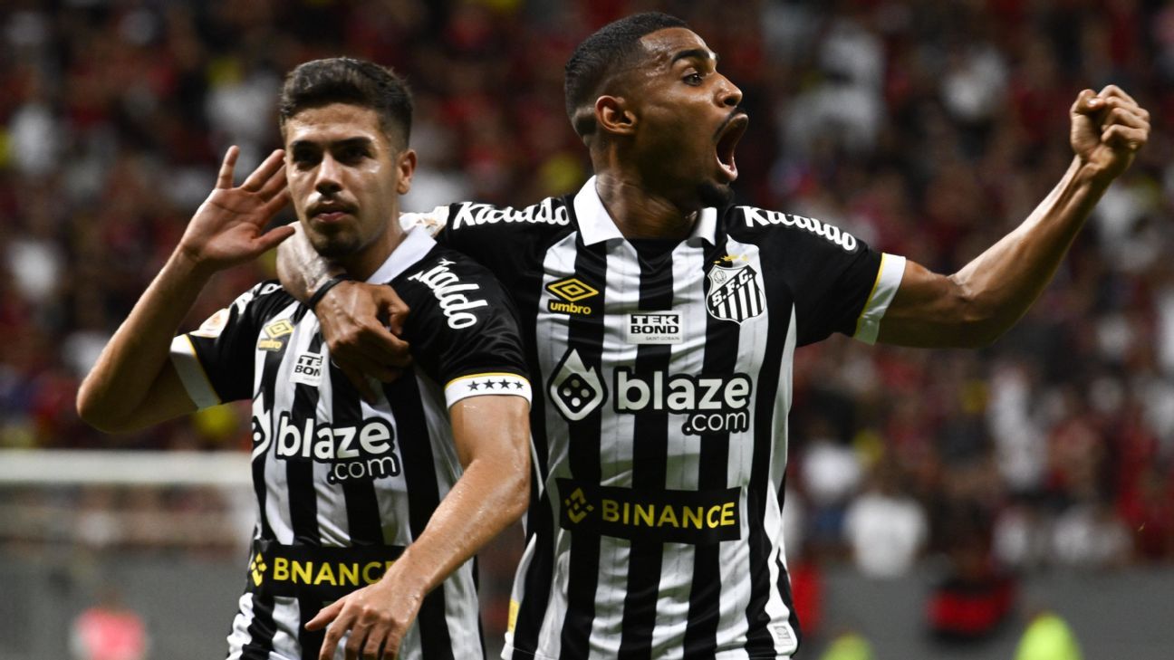 Flamengo tem dois expulsos, Santos vira com golaço e respira fora do Z-4 do Brasileirão