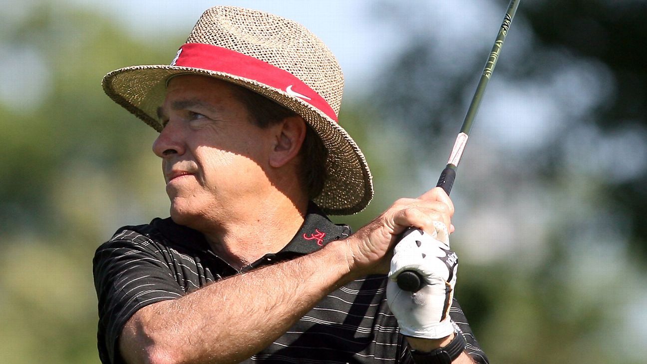 Nick Saban golfs alongside 50 Cent and Travis Scott