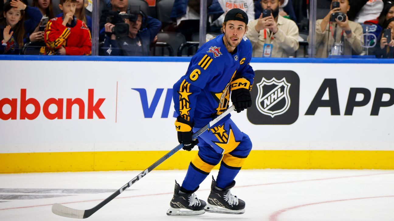 Justin Bieber participates in warmups before 2024 NHL All-Star Game