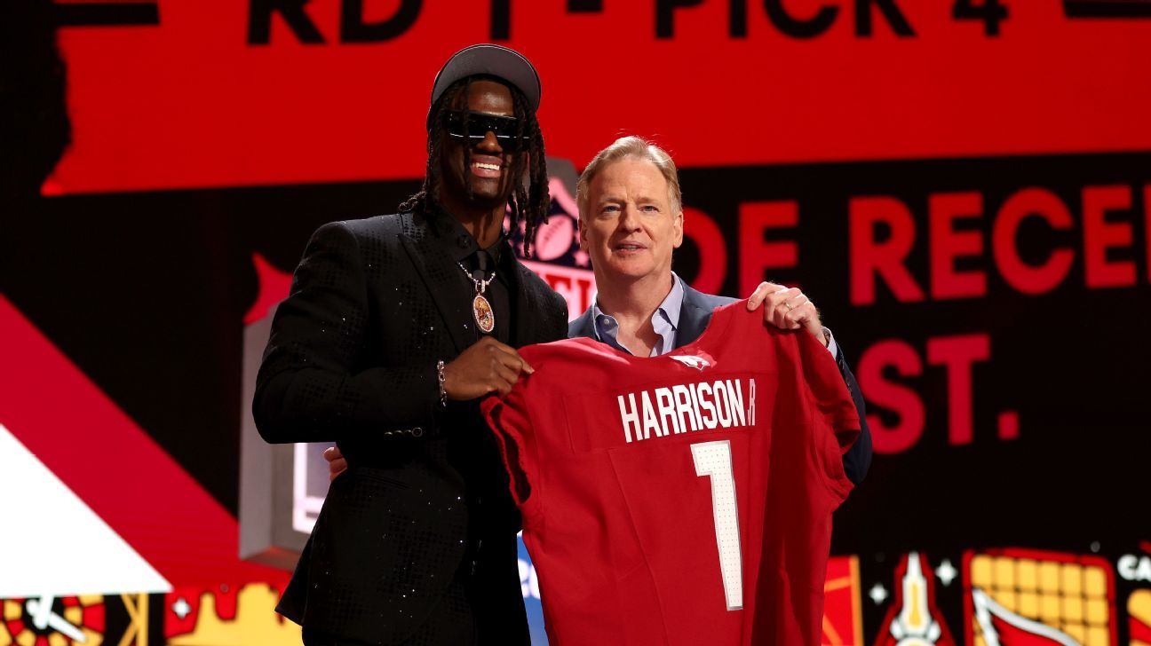 Marvin Harrison Jr., novo reforço do Arizona Cardinals, selecionado no NFL Draft (Foto: ESPN)