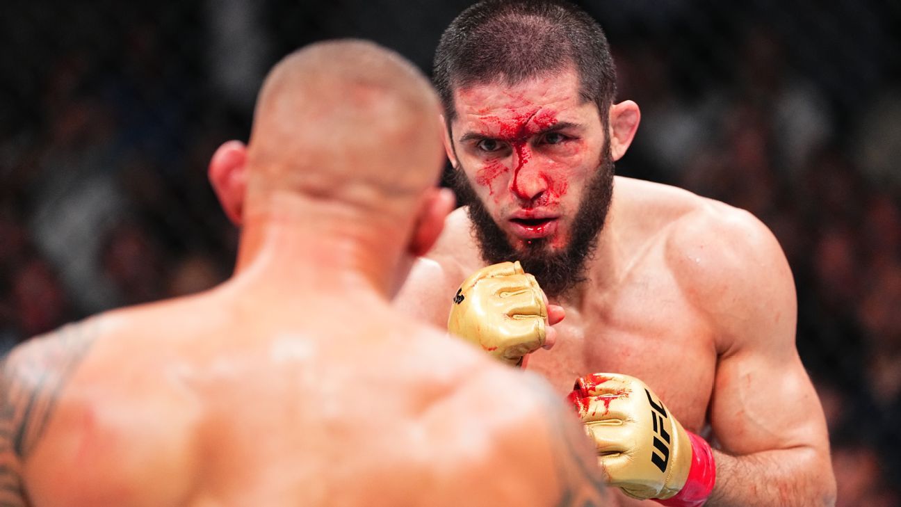 Makhachev bleeds like never before, but submits to Poirier and retains his belt at UFC 302