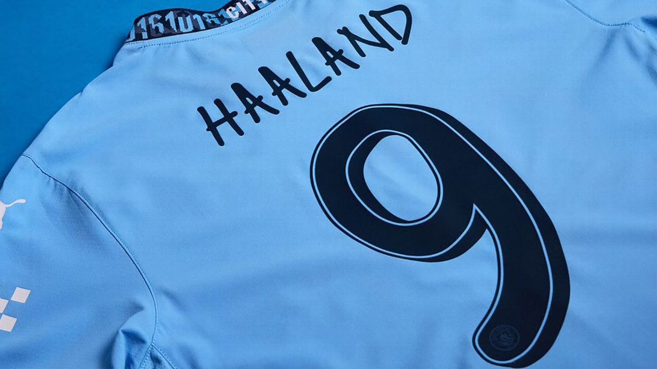 The names of the Man City stars on the Champions League jerseys in a new font