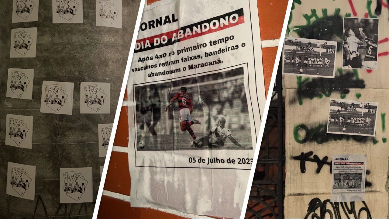 Torcida do Flamengo provoca Vasco com cartazes do 6 a 1 antes do clássico.