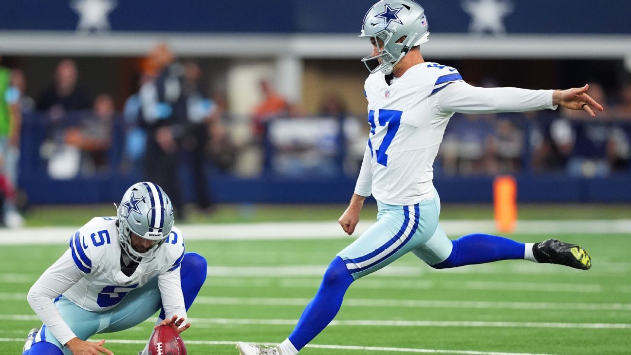 Brandon Aubrey of the Cowboys kicks 65-yard field goal, 1 yard under the record