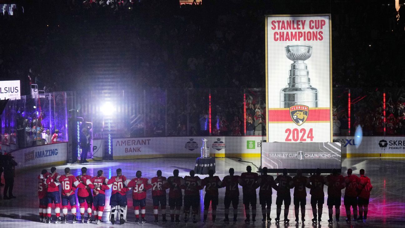 The Panthers raise the championship banner and crown the Stanley Cup party