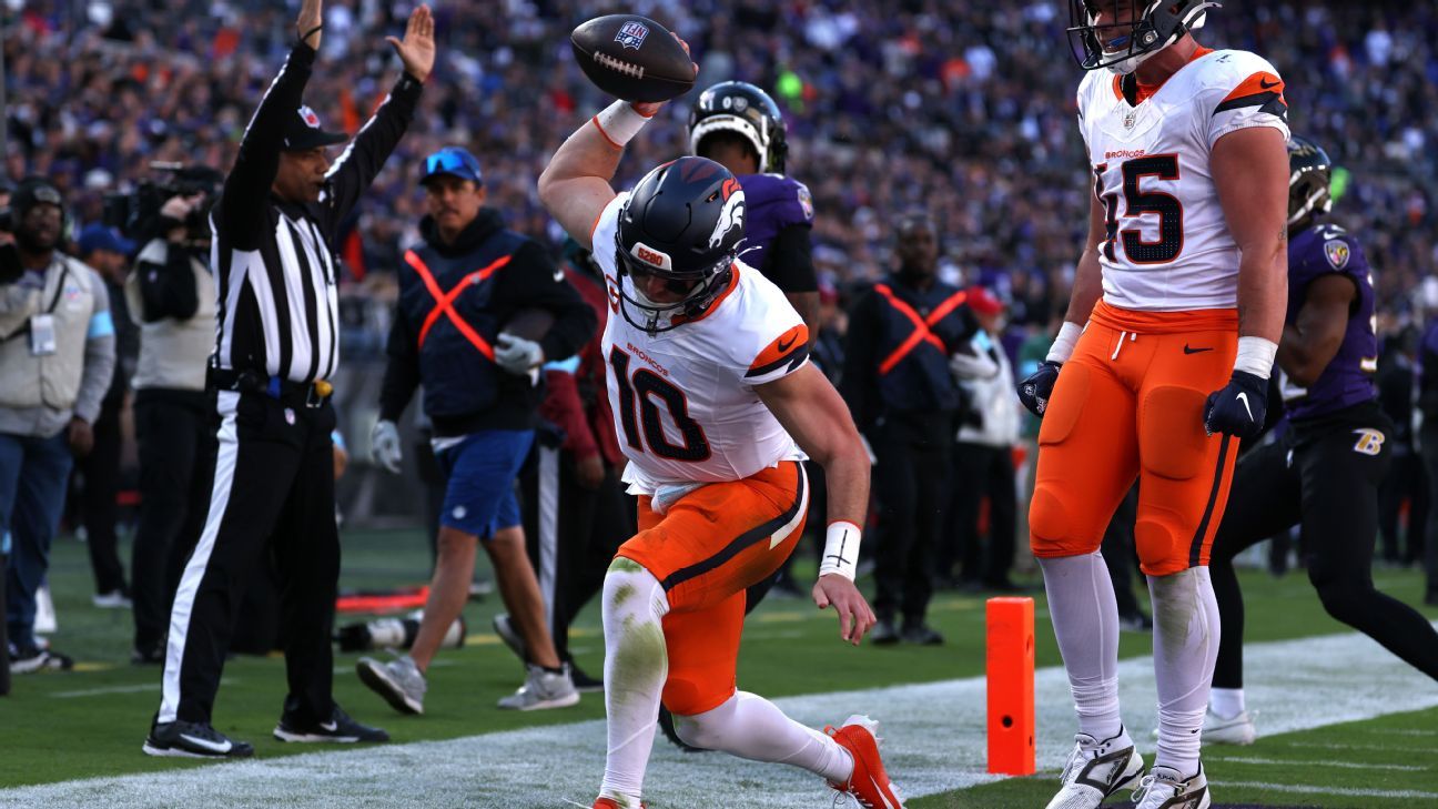 The Broncos’ Sutton connects with Nix for a trick-play TD against the Ravens