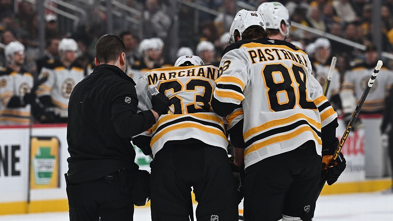 Bruins' Marchand (upper-body) departs vs. Pens