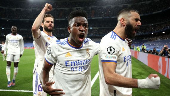 Karim Benzema celebrates his penalty against Manchester City