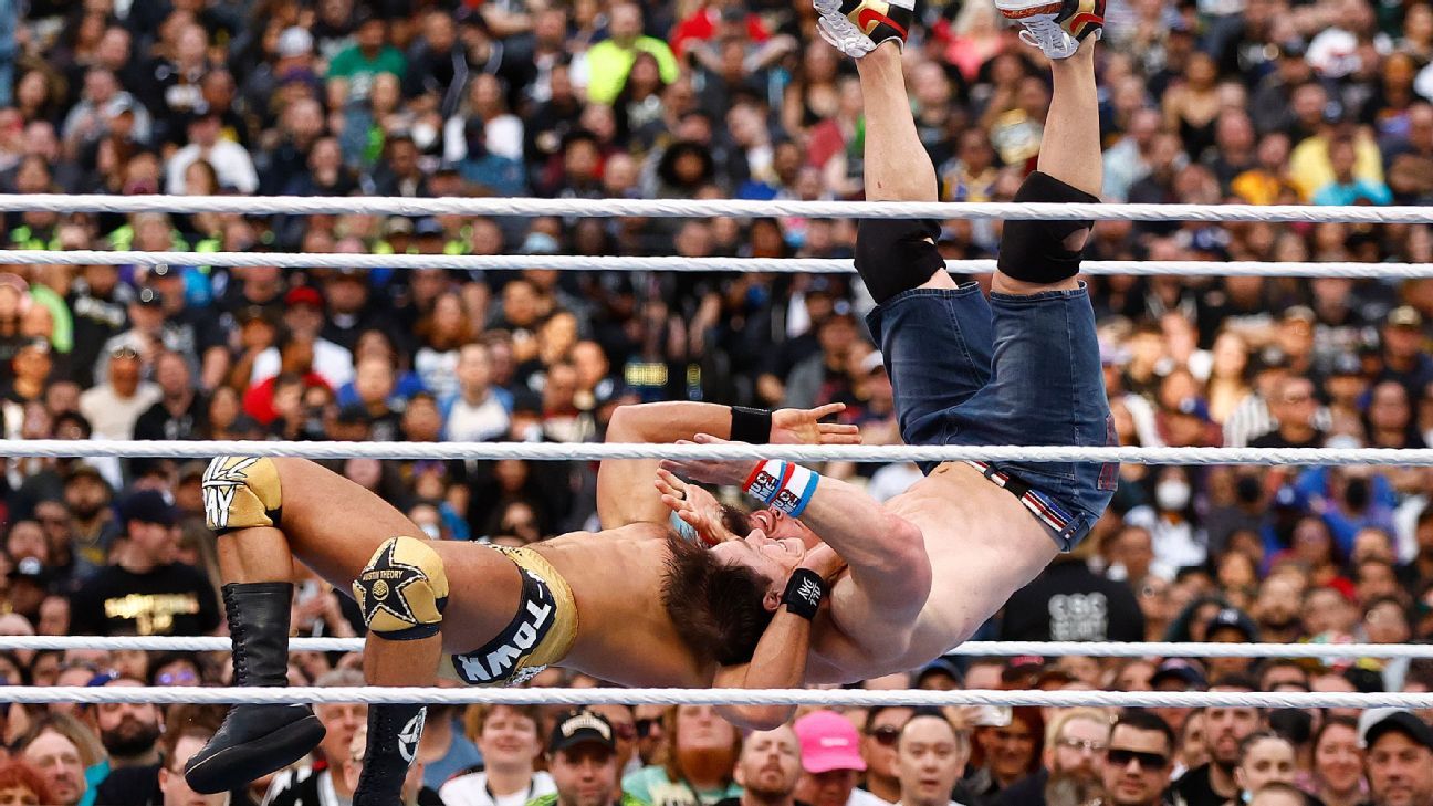 Austin Theory derrotó a John Cena en WrestleMania 39 en 2023. Foto de Ronald Martinez/Getty Images