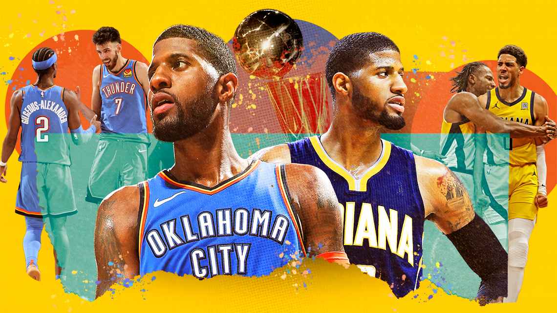 Paul George split image showing Thunder and Pacers logos as foundational figures