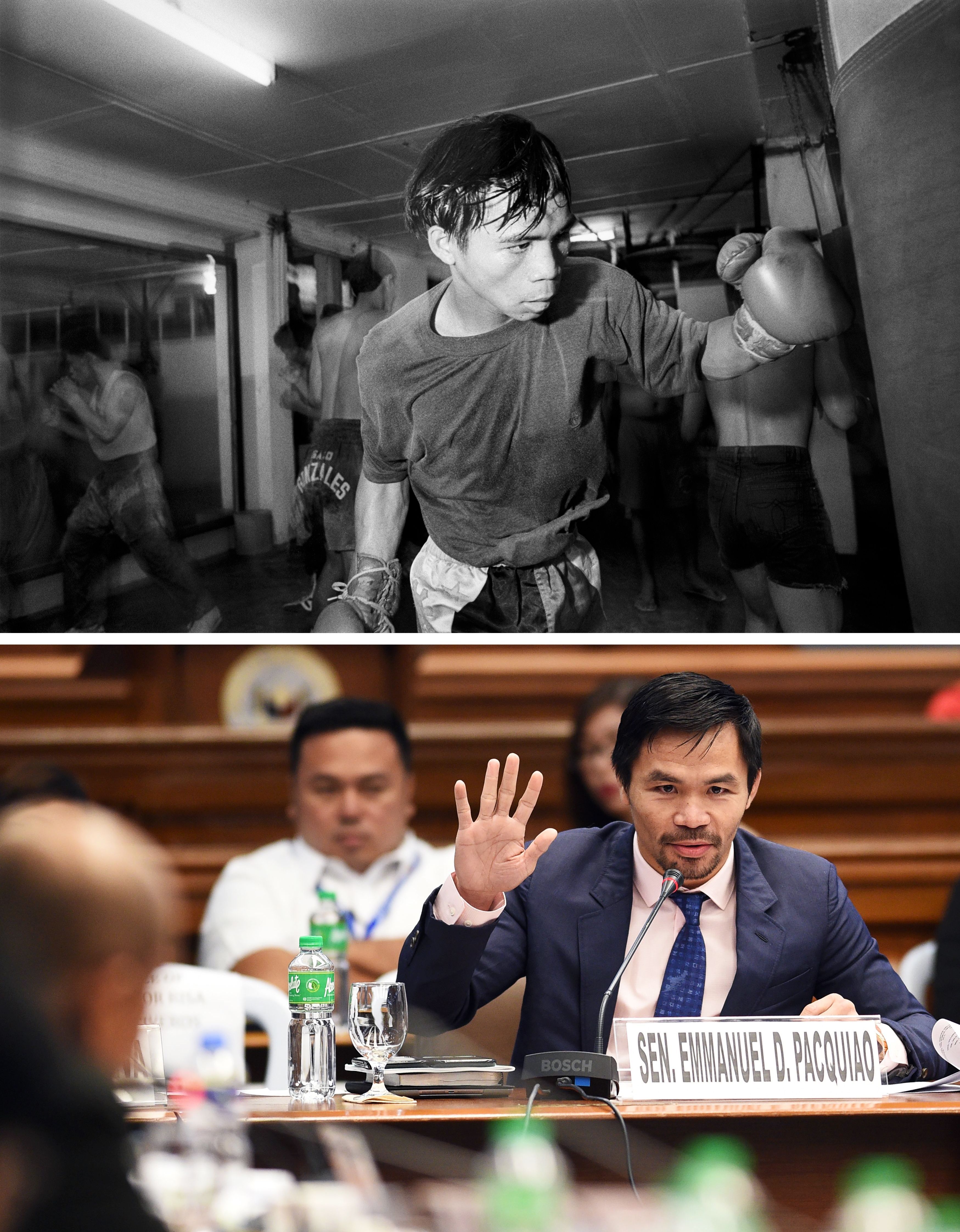 Foto superior: Manny Pacquiao a los 17 años entrenando en el gimnasio LM en Manila, Filipinas. Foto inferior: El senador Pacquiao durante una audiencia en Manila en marzo de 2017.