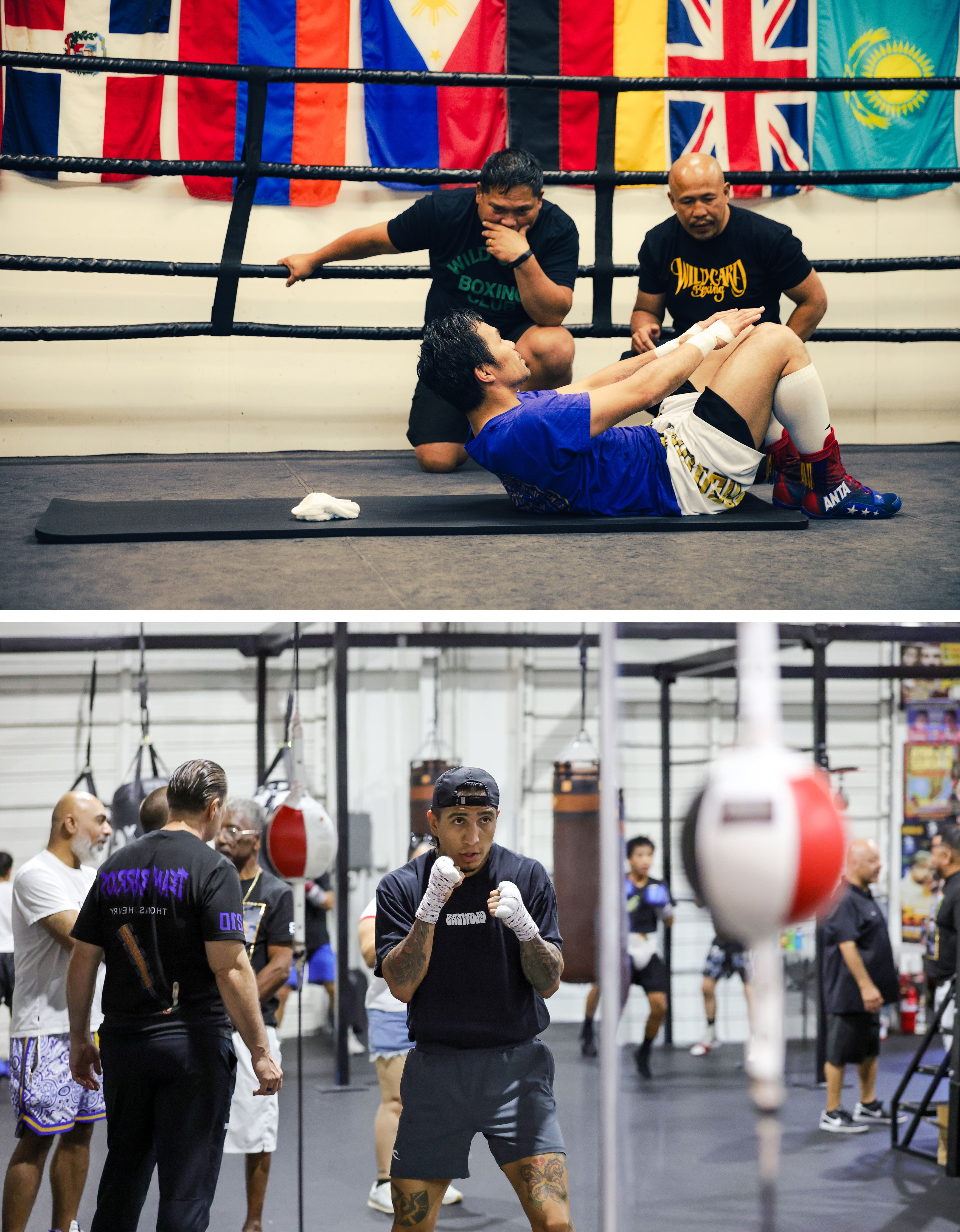 Foto superior: Manny Pacquiao entrena en el gimnasio Wild Card Boxing el 1 de julio. Foto inferior: El campeón de peso wélter del CMB, Mario Barrios, hace sombra durante un entrenamiento en el gimnasio Pound 4 Pound en Las Vegas el 28 de junio.