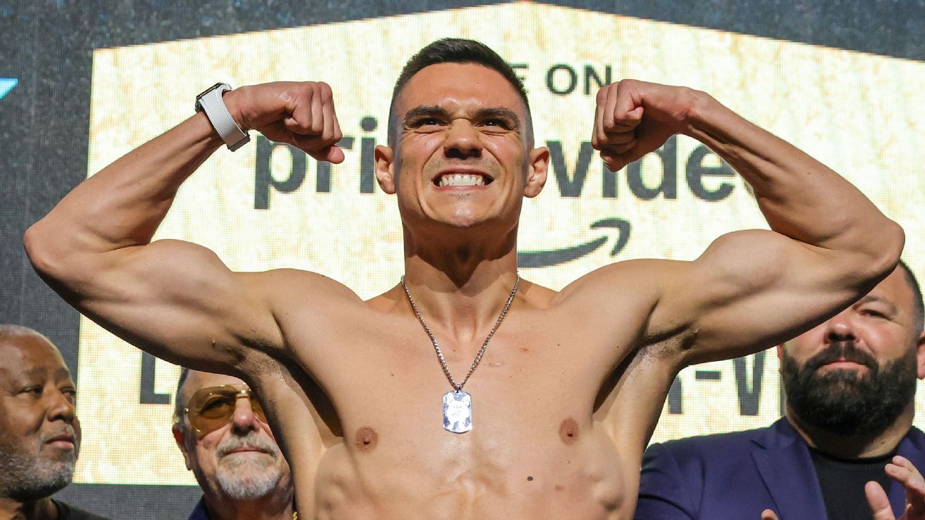 Tim Tszyu poses during a ceremonial weigh-in at MGM Grand Garden Arena