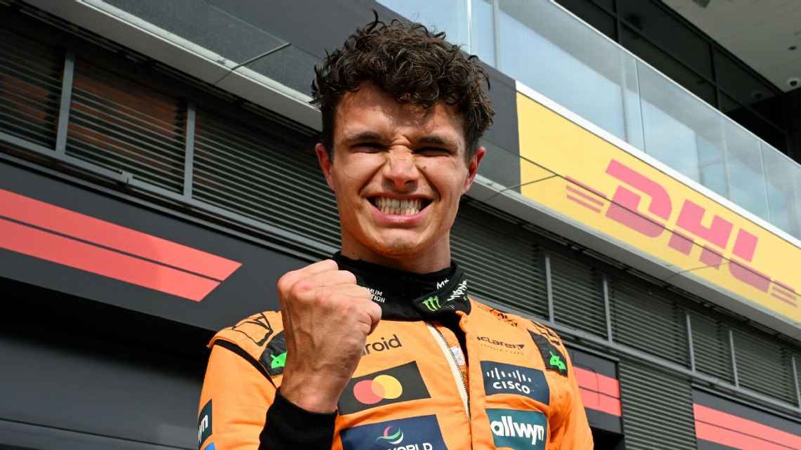 Lando Norris celebrates his Hungarian Grand Prix win