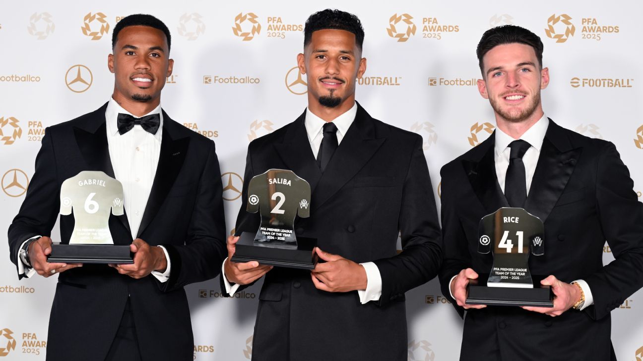 William Saliba (C), Gabriel Magalhães (L) and Declan Rice (R) were named in PFA's 2024-25 Team of the Year.