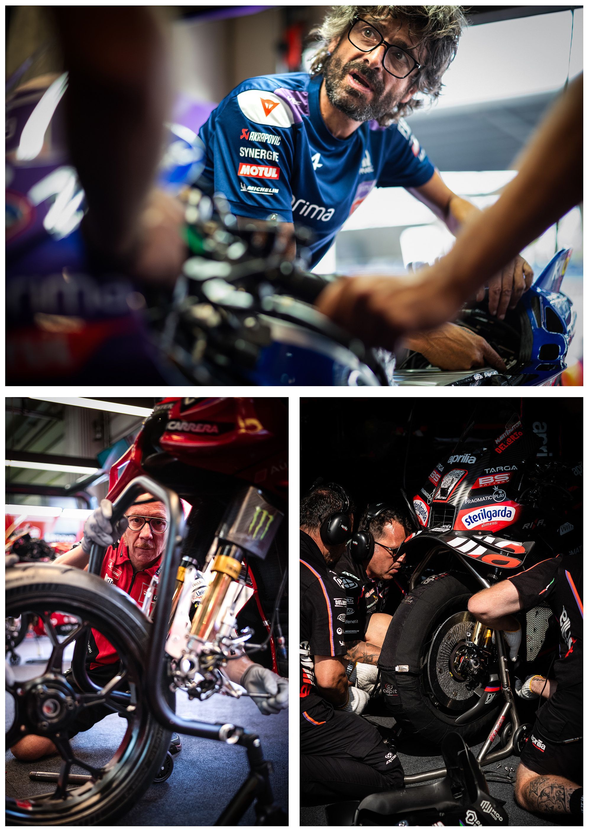 Mecánicos cambiando neumáticos y ajustando la moto.