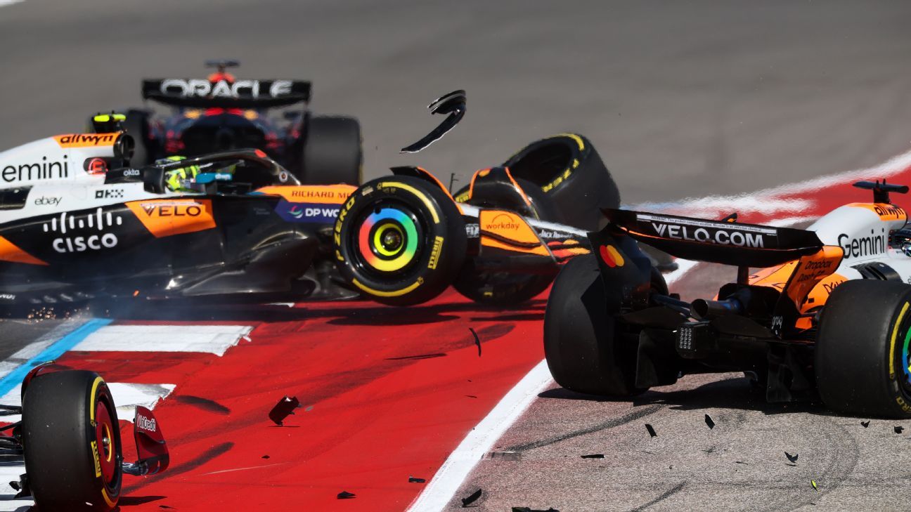 Norris y Piastri, fuera de carrera en Sprint del GP de EE.UU.; Verstappen acecha 2 Teammates Lando Norris and Oscar Piastri crashed on the opening lap of the U.S. Grand Prix sprint race.