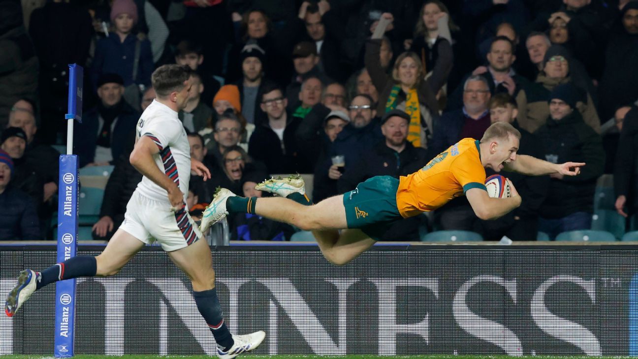Inglaterra vs Australia: Horario, dónde ver y noticias del partido de rugby 2 Max Jorgensen anotando para Australia
