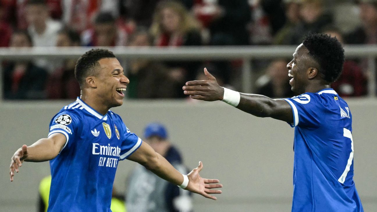 Mbappé e Vini Jr. 'castigam' Olympiacos na Champions, Real Madrid vence de virada e espanta má fase com Xabi Alonso