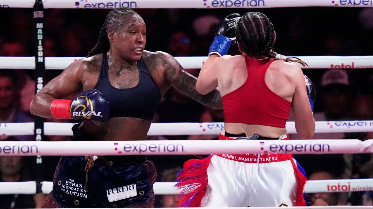 Shadasia Green, a la izquierda, pone en juego sus títulos de peso súper mediano de la OMB y la FIB contra Lani Daniels el 17 de abril en la ciudad de Nueva York.