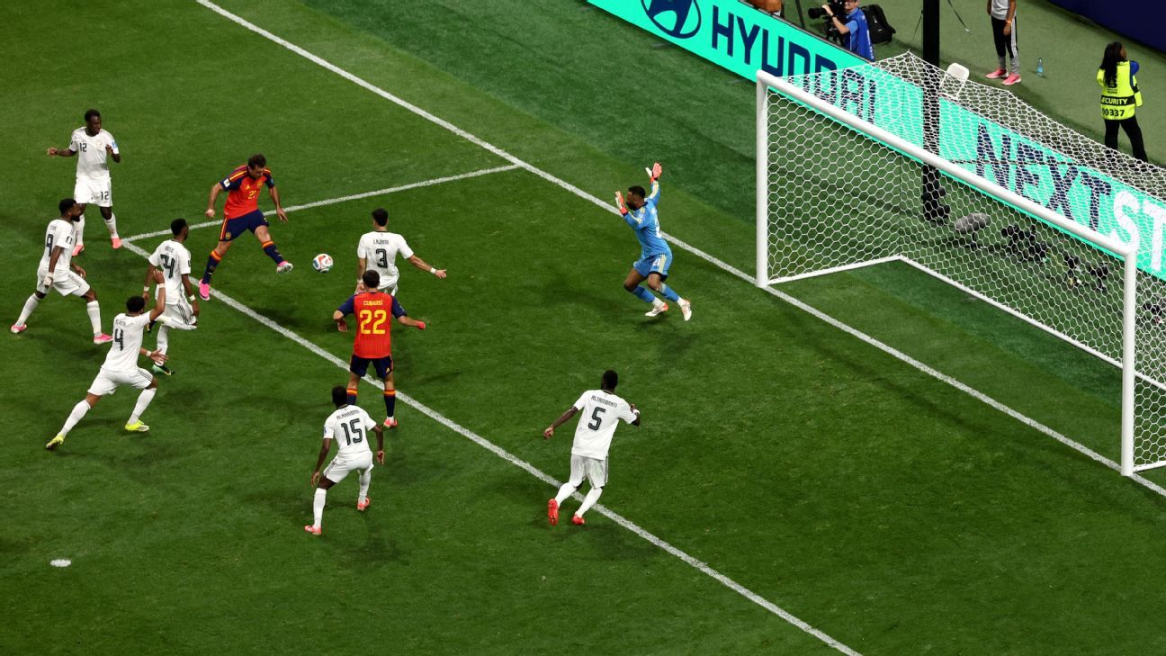 Lamine Yamal celebrates his first World Cup goal for Spain against Saudi Arabia.
