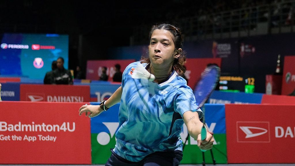 A high jump athlete clearing the bar and a badminton player celebrating on court during international competition.