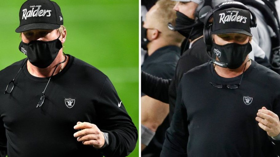 Jon Gruden came out wearing an “Oakland Raiders” hat before replacing him with “Las Vegas Raiders”