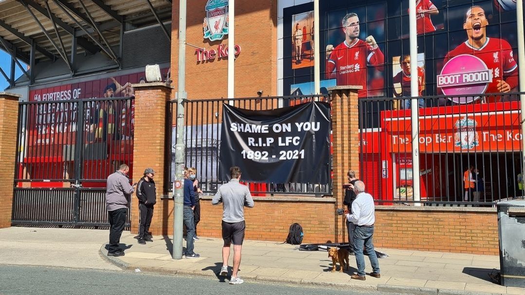 Liverpool fans demonstrate against the Super League