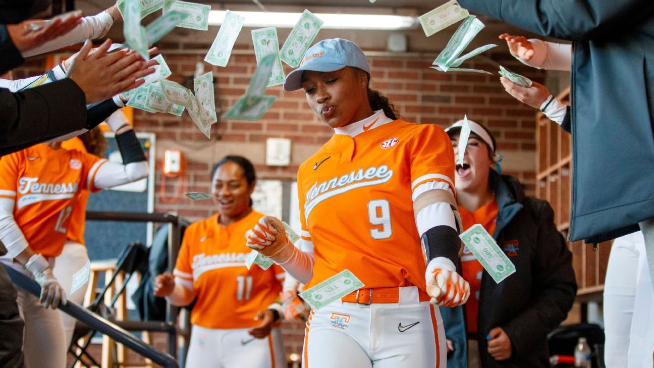 Welcome to the softball dugout, where fun props and unbridled enthusiasm create college sports’ best party
